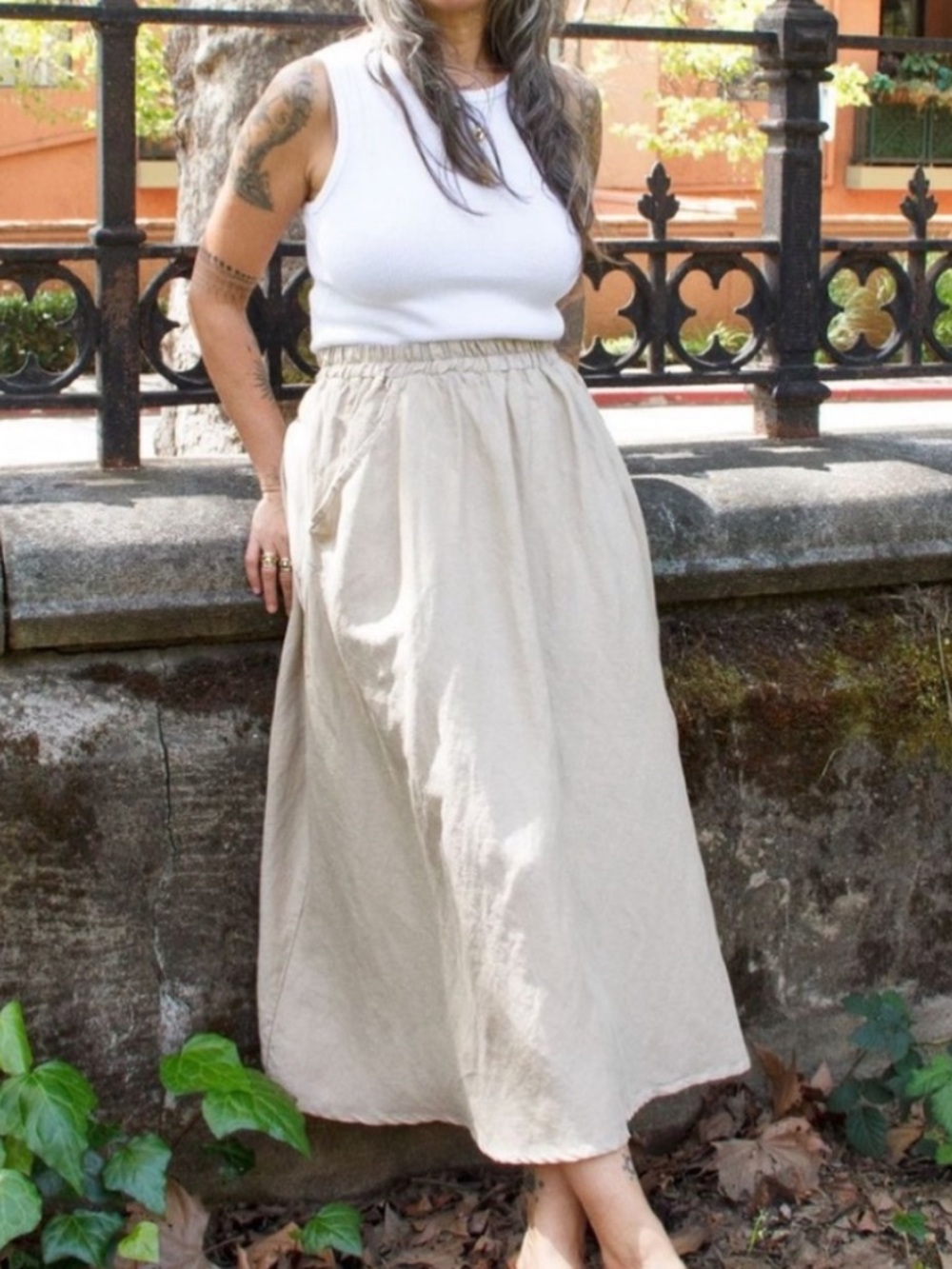 Curator SF Bonnie Skirt Oat Linen Button Front Midi Pockets Size Large L